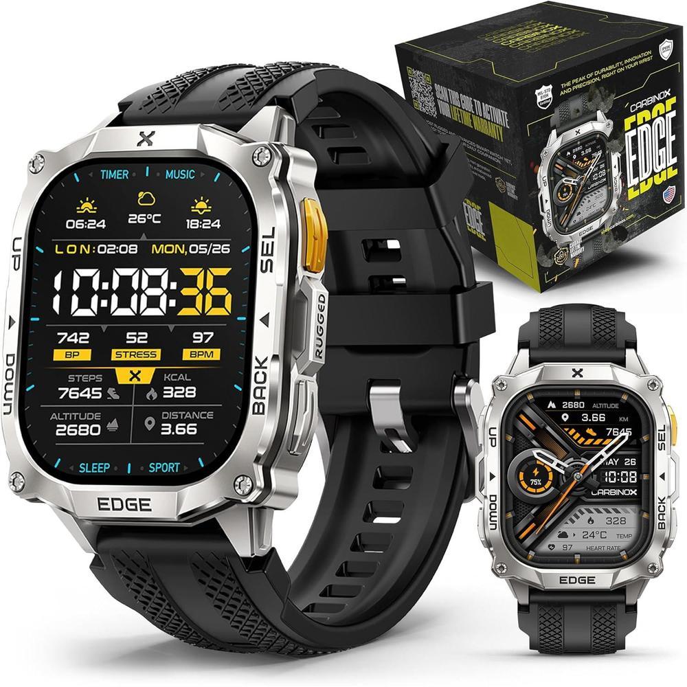 CARBINOX Smart Watch Edge Rugged, 1.96″ AMOLED, Stainless Steel, IP69K/5ATM Fitness trackers, Dual-Band GNSS, 500mAh, Bluetooth Calls, Smart Watch for Android Phones iOS (Silver)