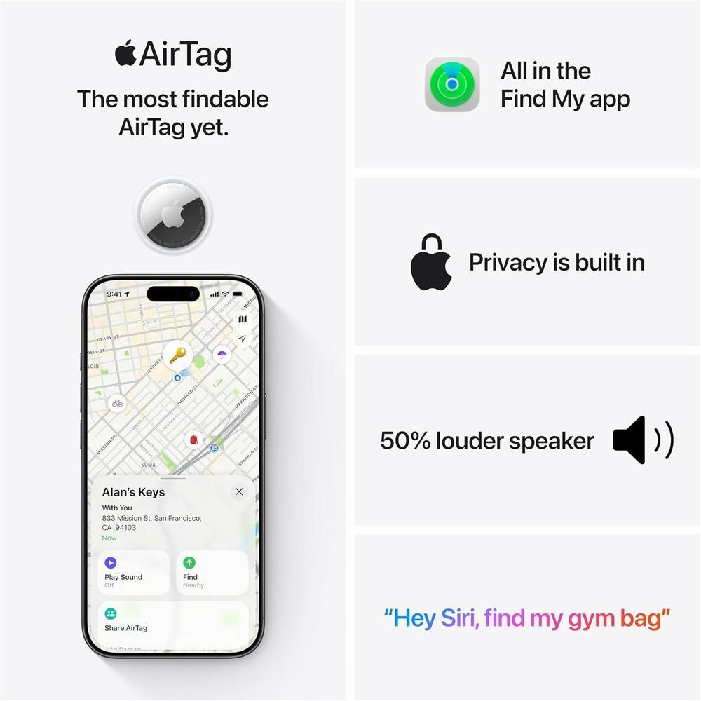 Rastreador AirTag de segunda generación de Apple con diseño sostenible, precisión y sonido optimizado, ideal para iPhone y Apple Watch