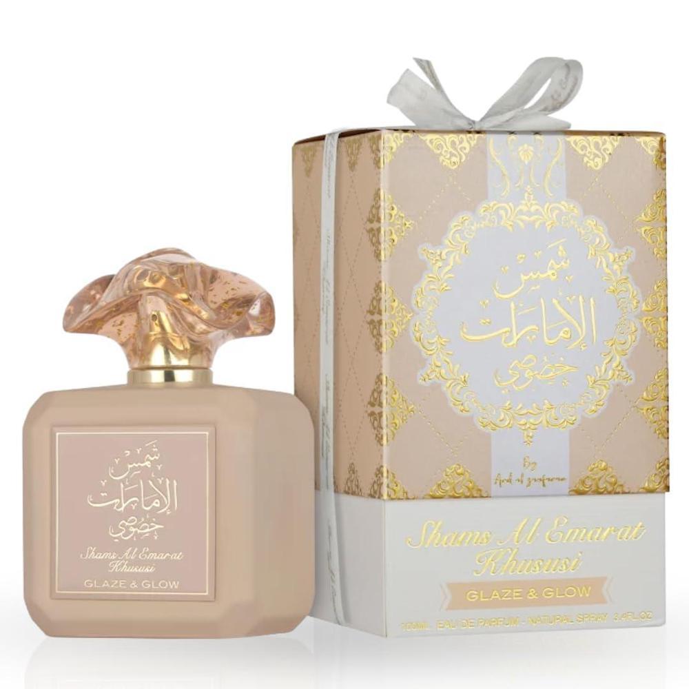 Ard al Zaafaran Shams Al Emarat Khususi Glaze & Glow Perfume árabe de larga duración para mujer, floral y afrutado