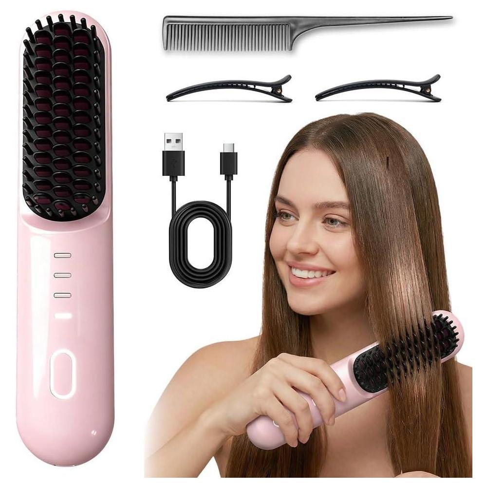 Go Brush Pro para cabello corto – Cepillo alisador inalámbrico mejorado 2026 con calor rápido de 30 segundos, 3 ajustes de temperatura, cuidado iónico y de cerámica, recargable USB-C de 2500 mAh para