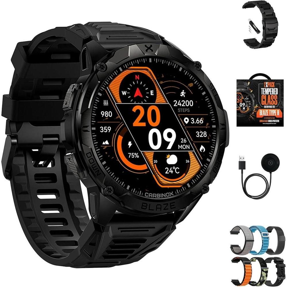 CARBINOX Blaze Smart Watch with GPS – Rugged Fitness Trackers, IP69K Waterproof, 170+ Sports Modes, Gorilla Glass, Make/Receive Calls, Android & iOS Compatible (Round Ultimate Pack)
