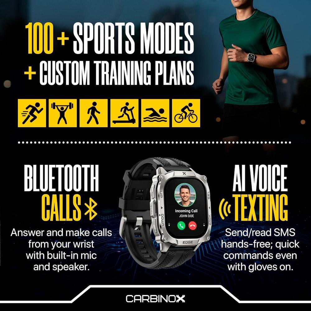 CARBINOX Smartwatch resistente con pantalla AMOLED, acero inoxidable, IP69K/5ATM, GNSS dual, batería 500mAh, Bluetooth