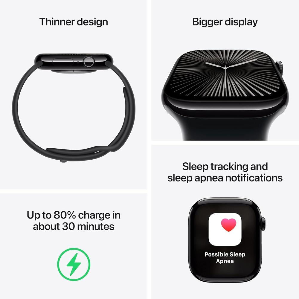 Apple Reloj Serie 10 [GPS 4.6 cm] con caja de aluminio negro azabache y correa deportiva negra, rastreador de fitness, aplicación ECG