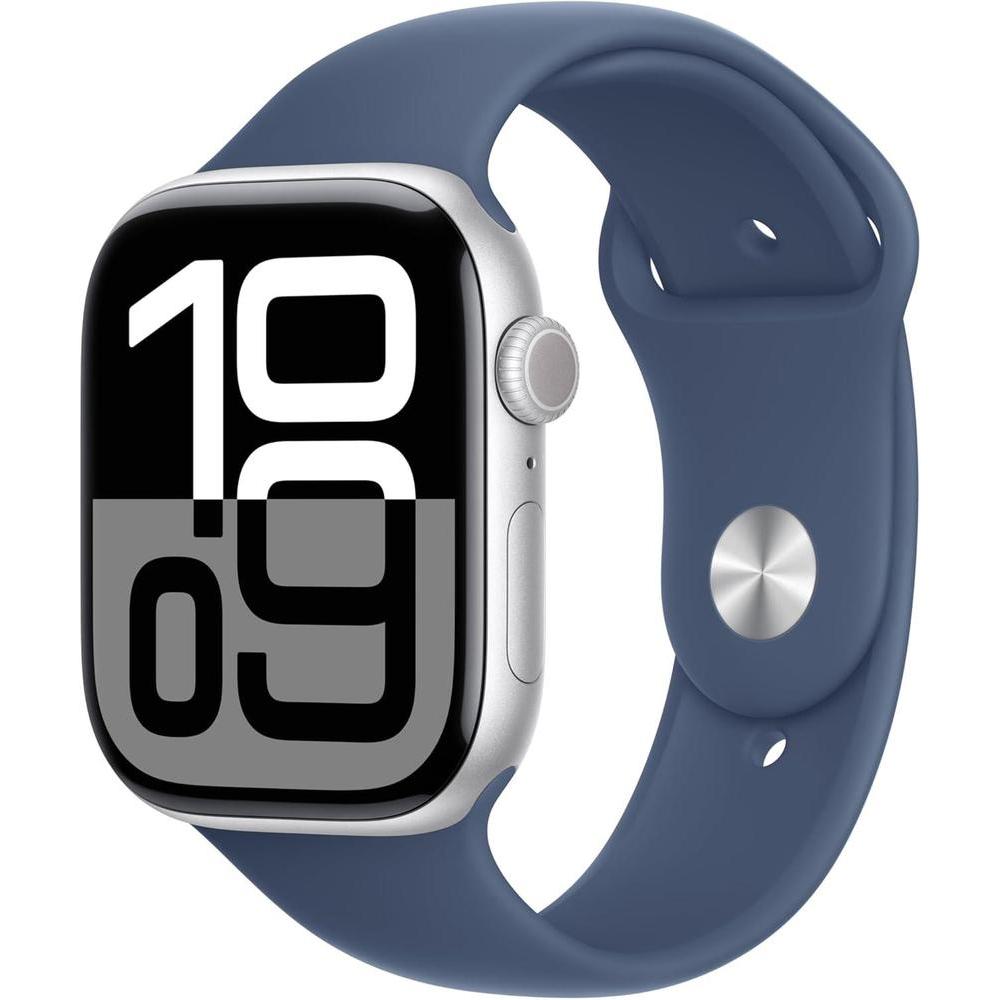 Apple Watch Series 10 [GPS 46mm] with Silver Aluminium Case with Denim Sport Band - M/L. Fitness Tracker, ECG App, Always-On Retina Display, Water Resistant