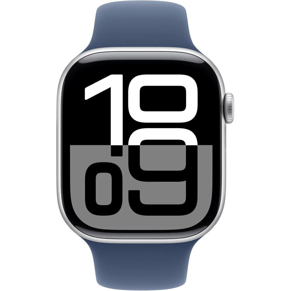 Apple Reloj Serie 10 [GPS + celular de 4.6 cm] con caja de aluminio plateado con correa deportiva de mezclilla - M/L, pantalla Retina siempre encendida.