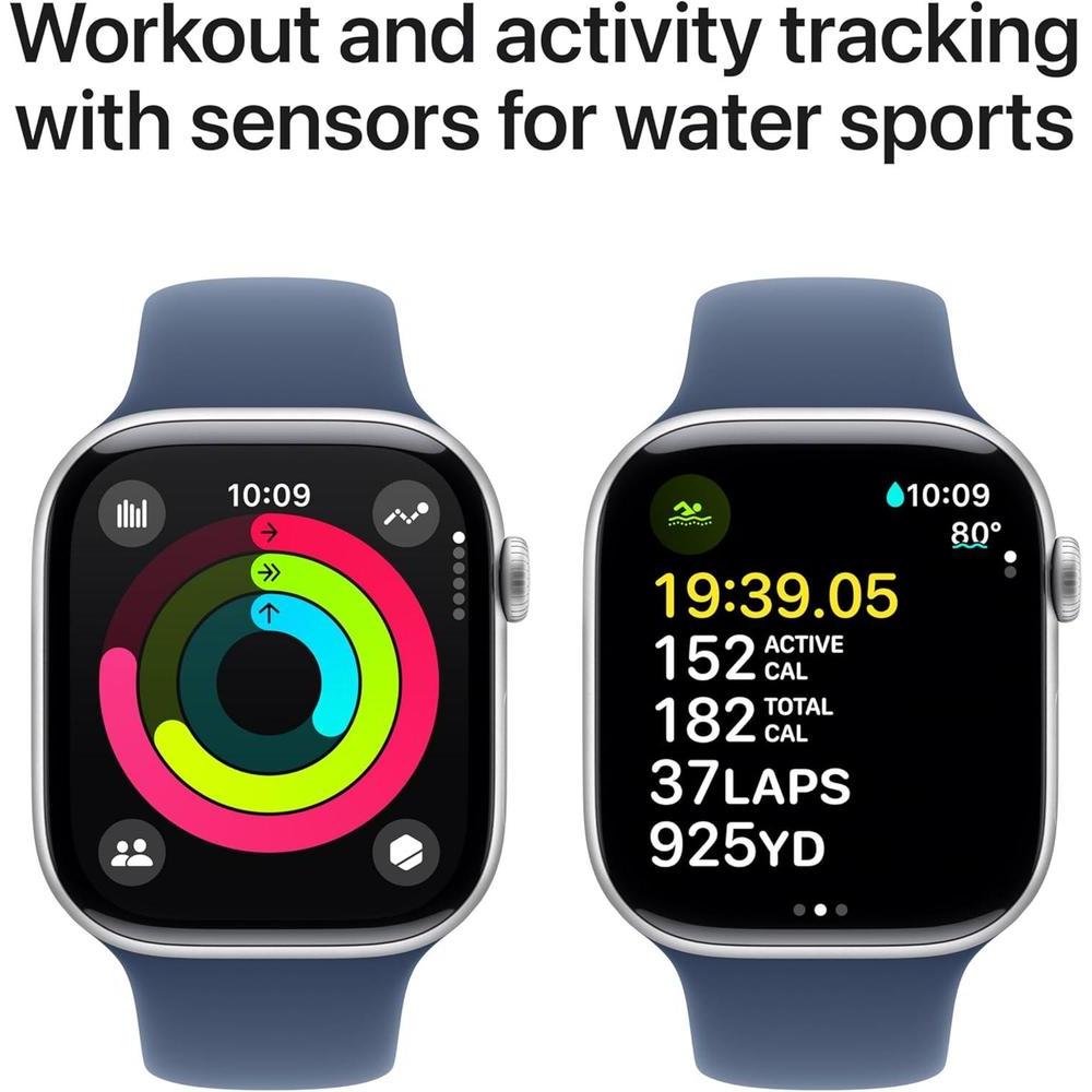 Apple Reloj Serie 10 [GPS + celular de 4.6 cm] con caja de aluminio plateado con correa deportiva de mezclilla - M/L, pantalla Retina siempre encendida.